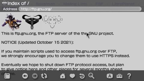 GNU FTP directory index rendered on the PSP browser